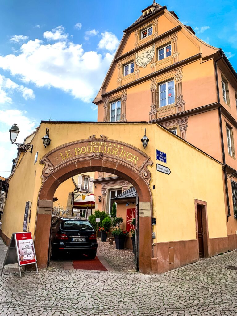 Arched entryway to the Bouclier DOro Hotel in Strasbourg, France