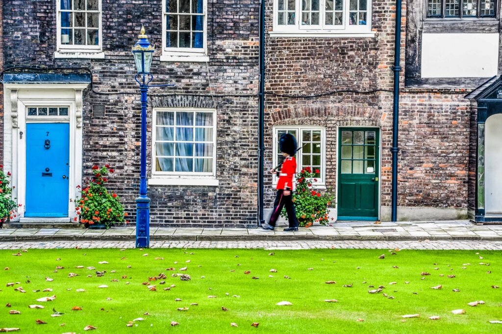 Guard at Tower of London on lawn