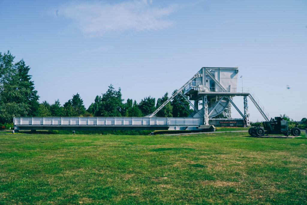 Original Pegasus Bridge from WWII in Normandy on a lawn at the museum