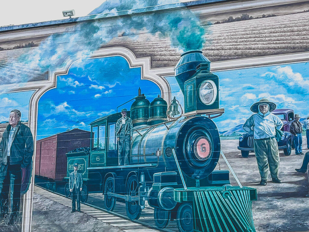 Mural of a steam train and crops in Arroyo Grande