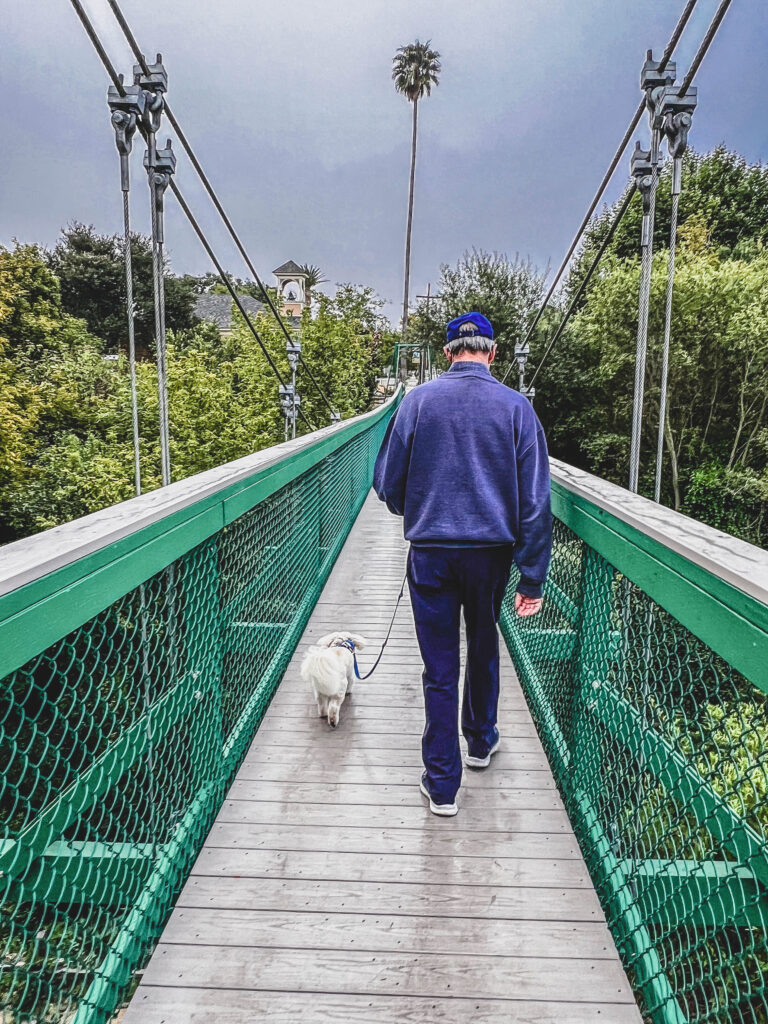 Man and puppy walking across the Swinging Bridge in Arroyo Grande