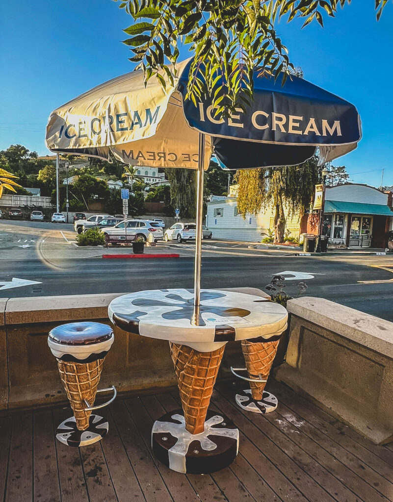 Hubbalicious ice cream tables in the shape of ice cream cones in Arroyo Grande
