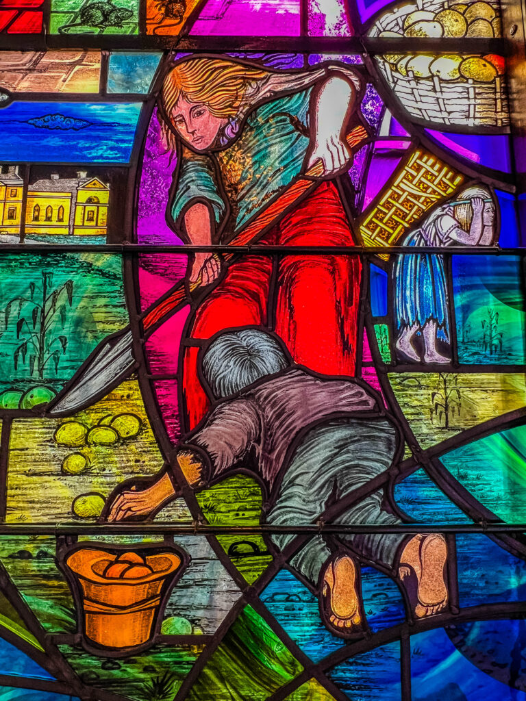 Stained-glass window of the Famine in Ireland displayed in the City Hall Belfast