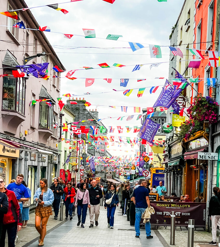 Galway Latin Quarter with people and colorful shops