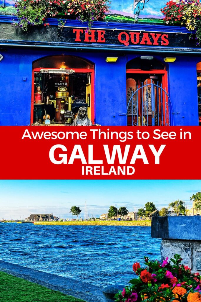 Boutique bright blue shop and harbor scene of Galway, Ireland
